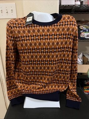 Ben Sherman Orange and Navy Argyle Crewneck Sweater